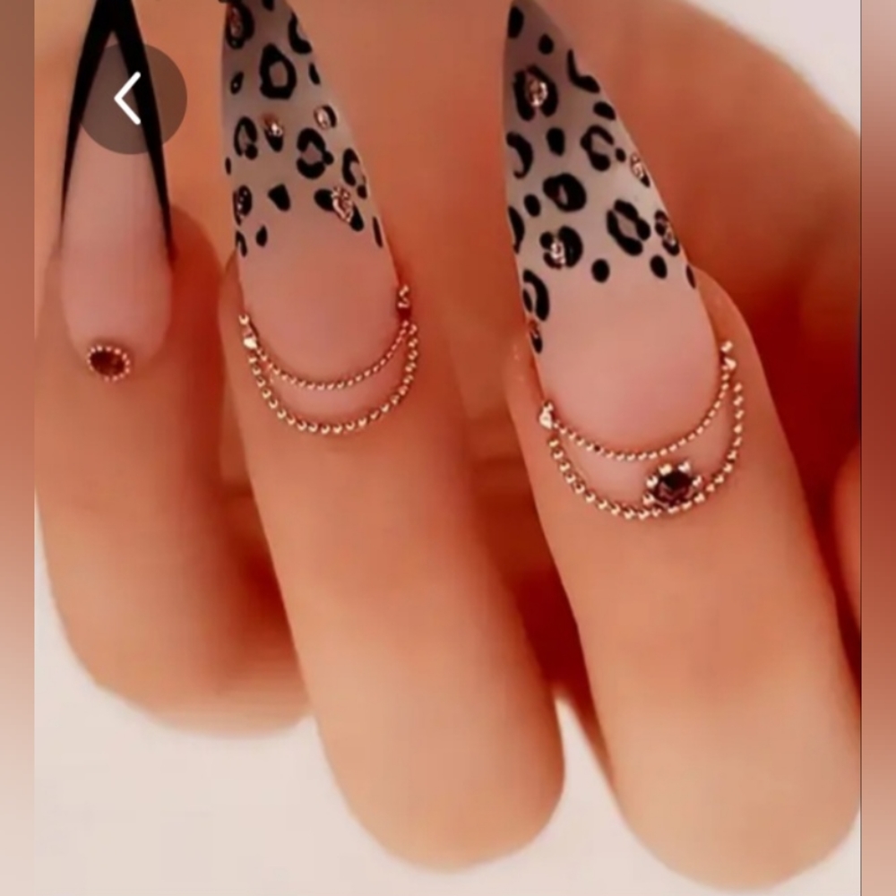 French Tip Rhinestone Leopard Press On Nails